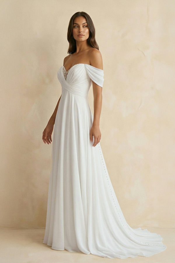Off The Shoulder A Line Chiffon Wedding Dress in White - KISS BRIDAL Wedding Dresses