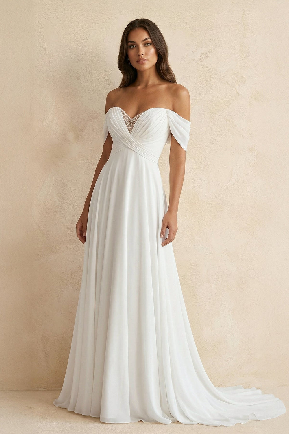 Off The Shoulder A Line Chiffon Wedding Dress in White