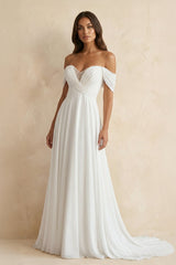 Off The Shoulder A Line Chiffon Wedding Dress in White - KISS BRIDAL Wedding Dresses