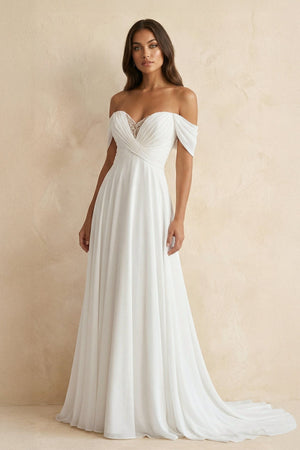 Off The Shoulder A Line Chiffon Wedding Dress in White - KISS BRIDAL Wedding Dresses