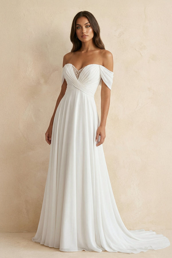 Off The Shoulder A Line Chiffon Wedding Dress in White - KISS BRIDAL Wedding Dresses