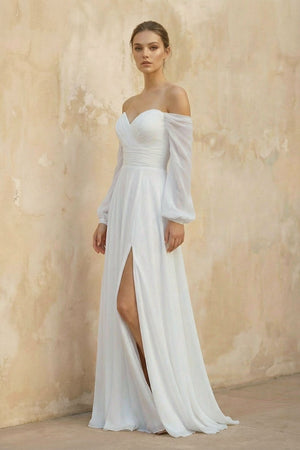 Off The Shoulder A Line Chiffon Wedding Dress With Slit - KISS BRIDAL Wedding Dresses