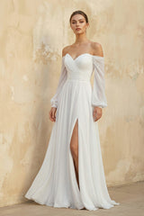 Off The Shoulder A Line Chiffon Wedding Dress With Slit - KISS BRIDAL Wedding Dresses