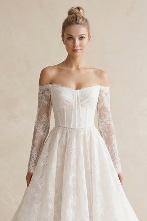 Off - the - Shoulder A - Line Lace Appliqued Wedding Dress in White - KISS BRIDAL Wedding Dresses