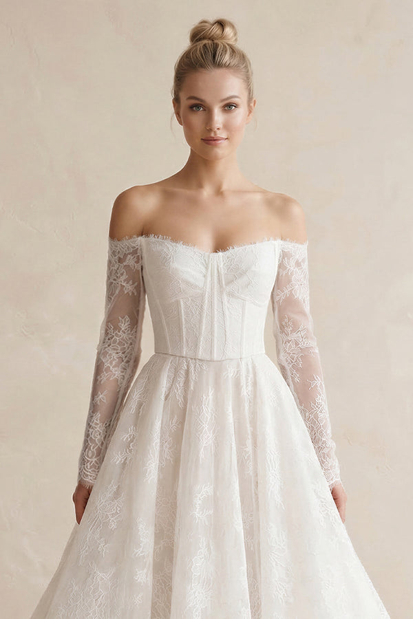 Off - the - Shoulder A - Line Lace Appliqued Wedding Dress in White - KISS BRIDAL Wedding Dresses