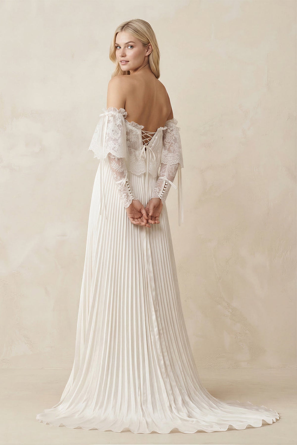 Off-the-Shoulder A-Line Pleated Appliqued Wedding Dress with Bow in Ivory