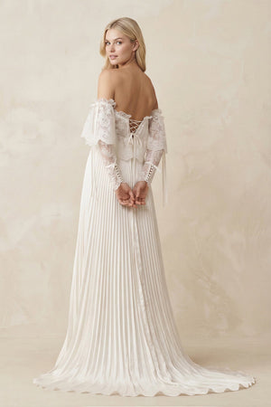 Off - the - Shoulder A - Line Pleated Appliqued Wedding Dress with Bow in Ivory - KISS BRIDAL Wedding Dresses