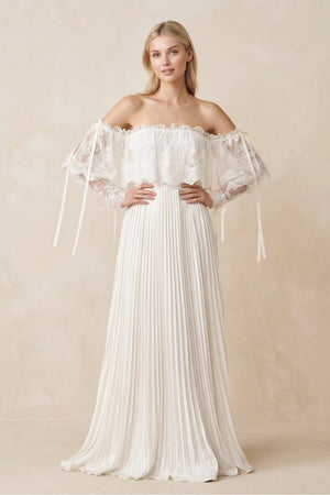 Off - the - Shoulder A - Line Pleated Appliqued Wedding Dress with Bow in Ivory - KISS BRIDAL Wedding Dresses