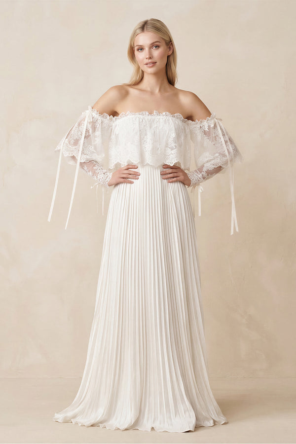 Off - the - Shoulder A - Line Pleated Appliqued Wedding Dress with Bow in Ivory - KISS BRIDAL Wedding Dresses