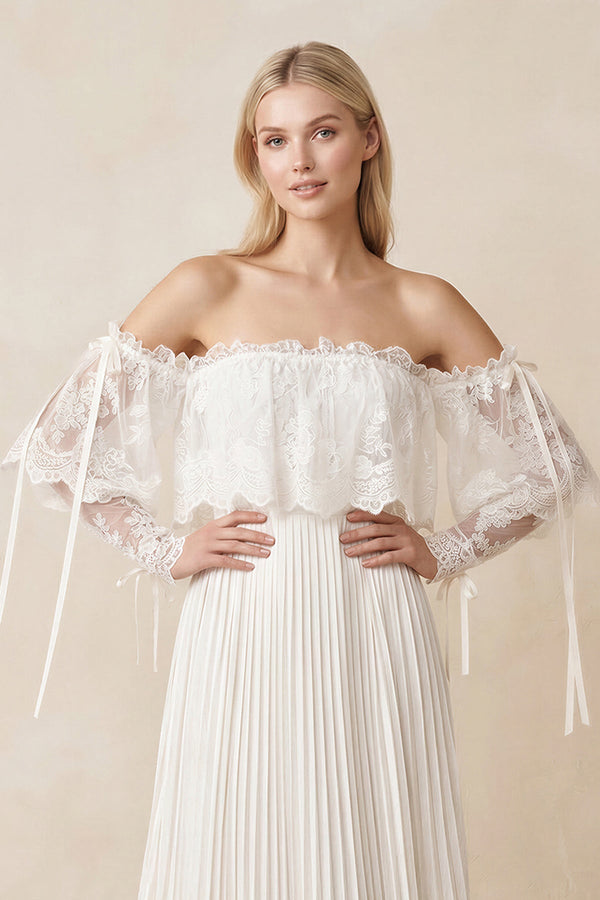 Off - the - Shoulder A - Line Pleated Appliqued Wedding Dress with Bow in Ivory - KISS BRIDAL Wedding Dresses