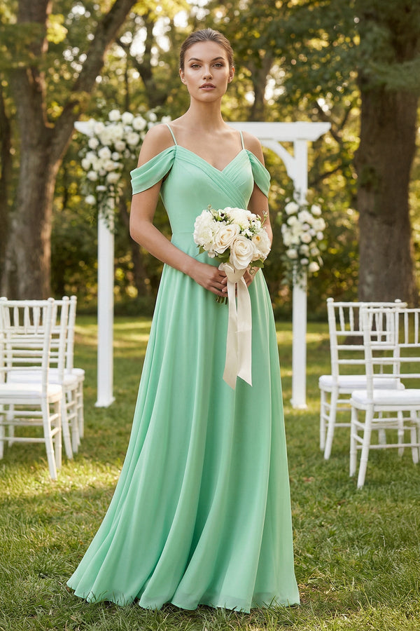 Off - the - Shoulder A - Line Pleated Chiffon Bridesmaid Gown - KISS BRIDAL Bridesmaid Dresses