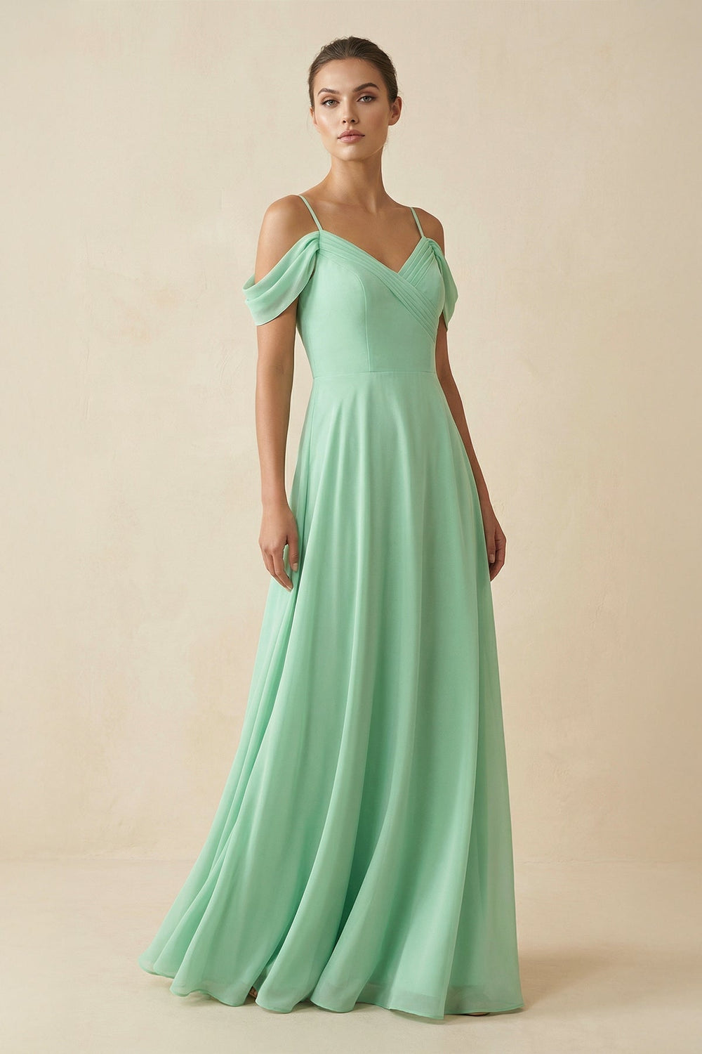 Off-the-Shoulder A-Line Pleated Chiffon Bridesmaid Gown in Pale Pistachio