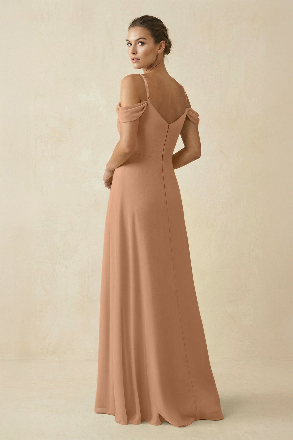 Off-the-Shoulder A-Line Pleated Chiffon Bridesmaid Gown in Bronzer