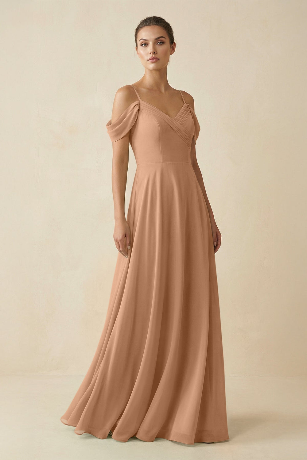 Off-the-Shoulder A-Line Pleated Chiffon Bridesmaid Gown in Bronzer