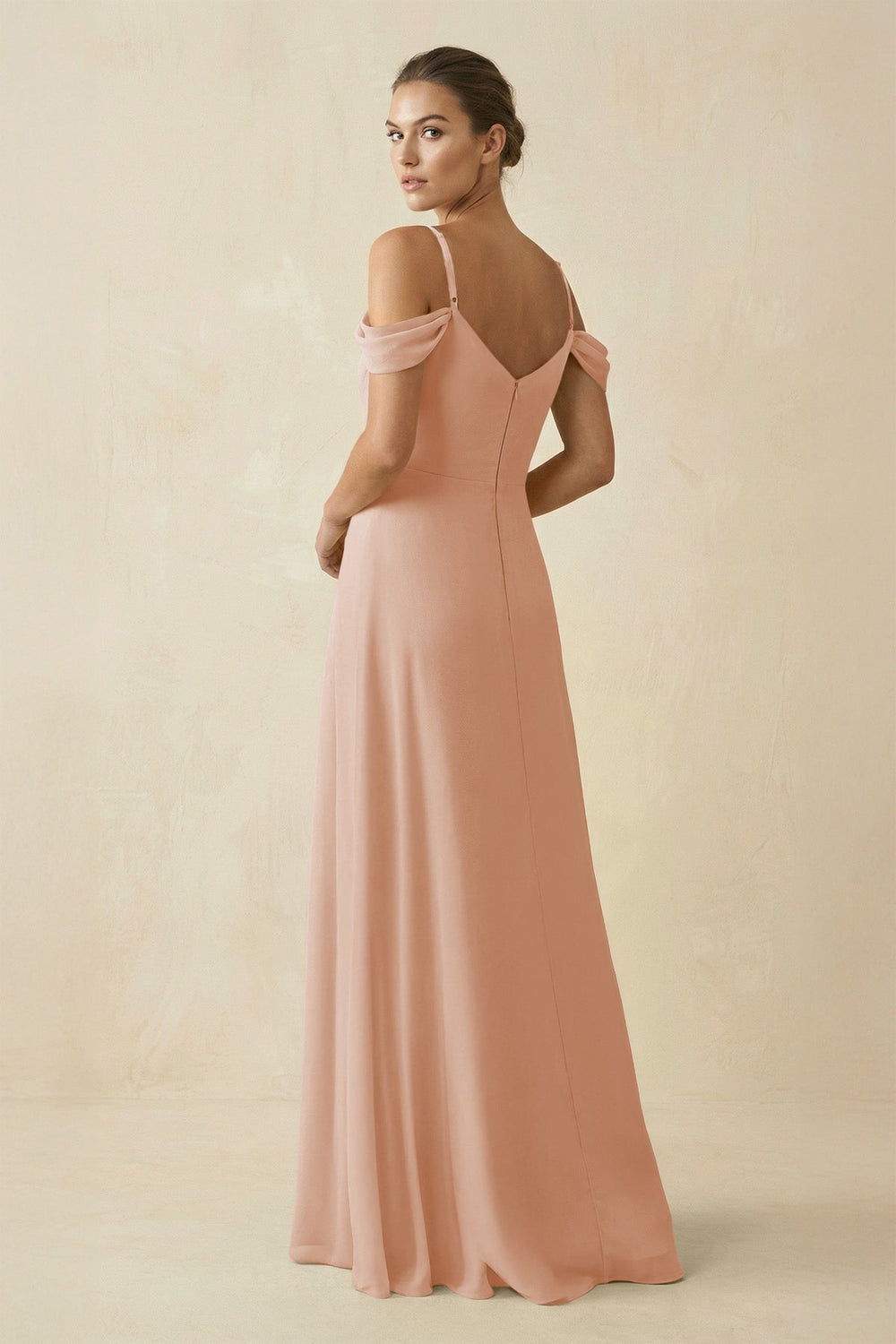 Off-the-Shoulder A-Line Pleated Chiffon Bridesmaid Gown in Champagne Rose