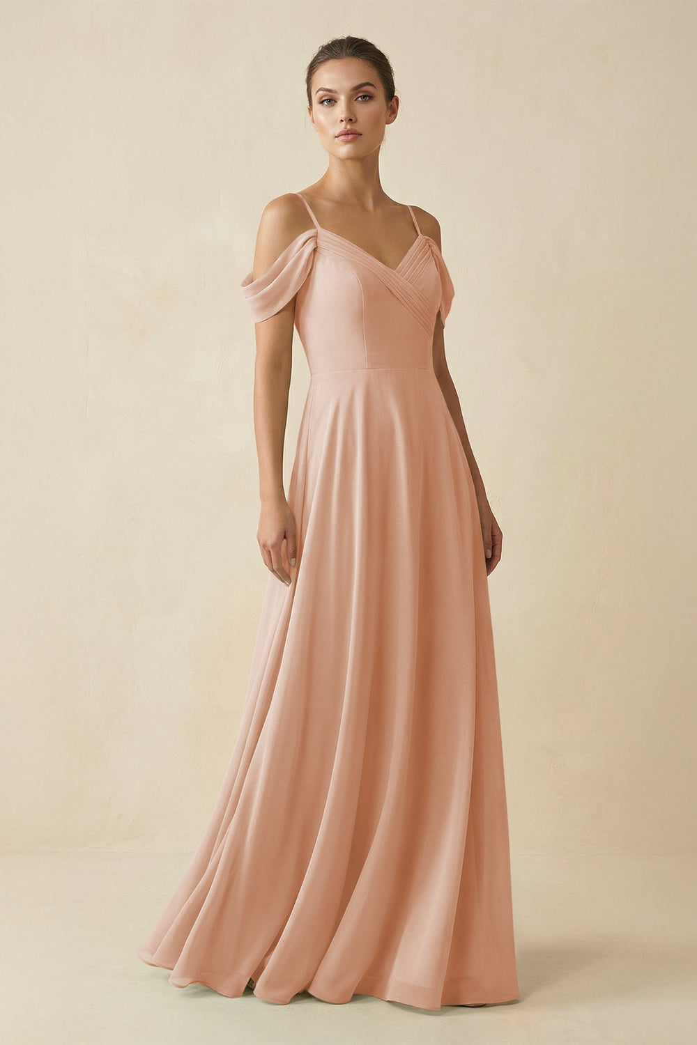 Off-the-Shoulder A-Line Pleated Chiffon Bridesmaid Gown in Champagne Rose