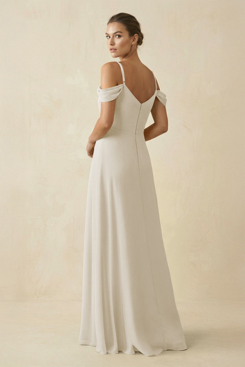 Off-the-Shoulder A-Line Pleated Chiffon Bridesmaid Gown in Dove Gray