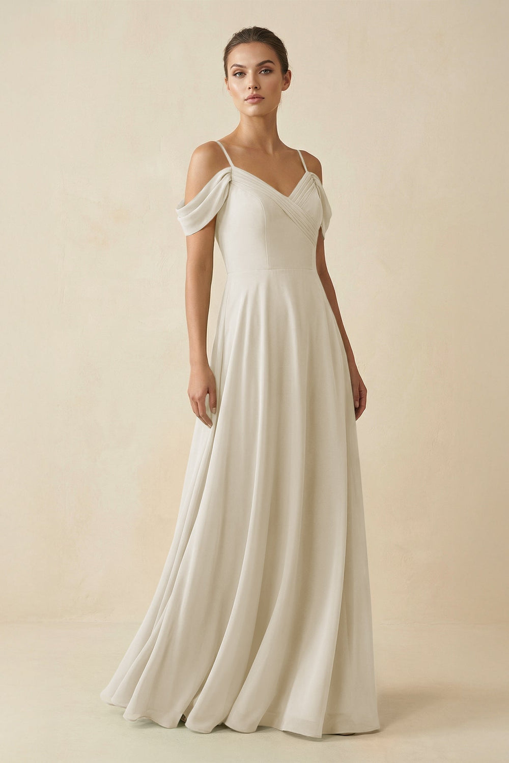 Off-the-Shoulder A-Line Pleated Chiffon Bridesmaid Gown in Dove Gray