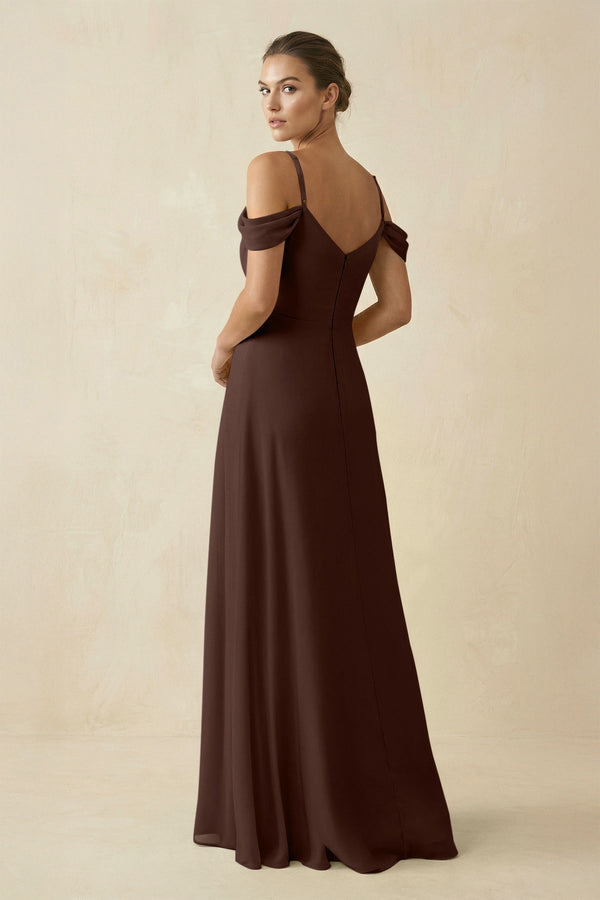 Off - the - Shoulder A - Line Pleated Chiffon Bridesmaid Gown in Espresso - KISS BRIDAL Bridesmaid Dresses