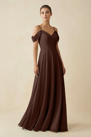 Off - the - Shoulder A - Line Pleated Chiffon Bridesmaid Gown in Espresso - KISS BRIDAL Bridesmaid Dresses