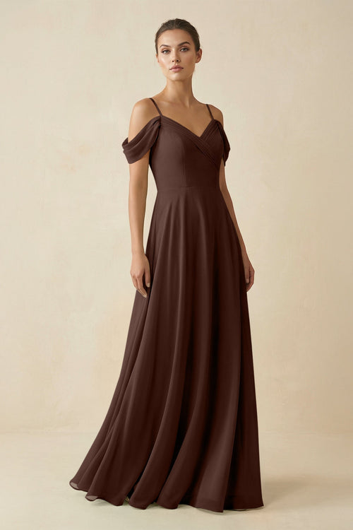 Off - the - Shoulder A - Line Pleated Chiffon Bridesmaid Gown in Espresso - KISS BRIDAL Bridesmaid Dresses