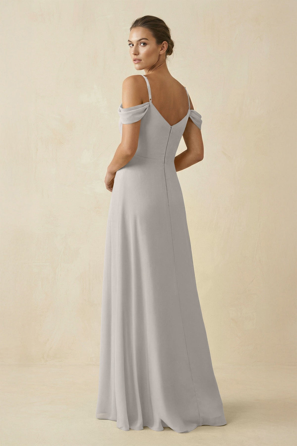 Off-the-Shoulder A-Line Pleated Chiffon Bridesmaid Gown in Silver