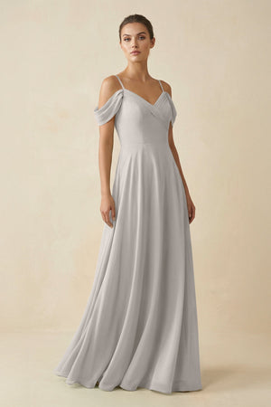Off - the - Shoulder A - Line Pleated Chiffon Bridesmaid Gown in Silver - KISS BRIDAL Bridesmaid Dresses