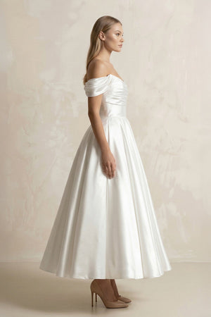 Off - the - Shoulder A - Line Satin Midi Wedding Dress in White - KISS BRIDAL Wedding Dresses