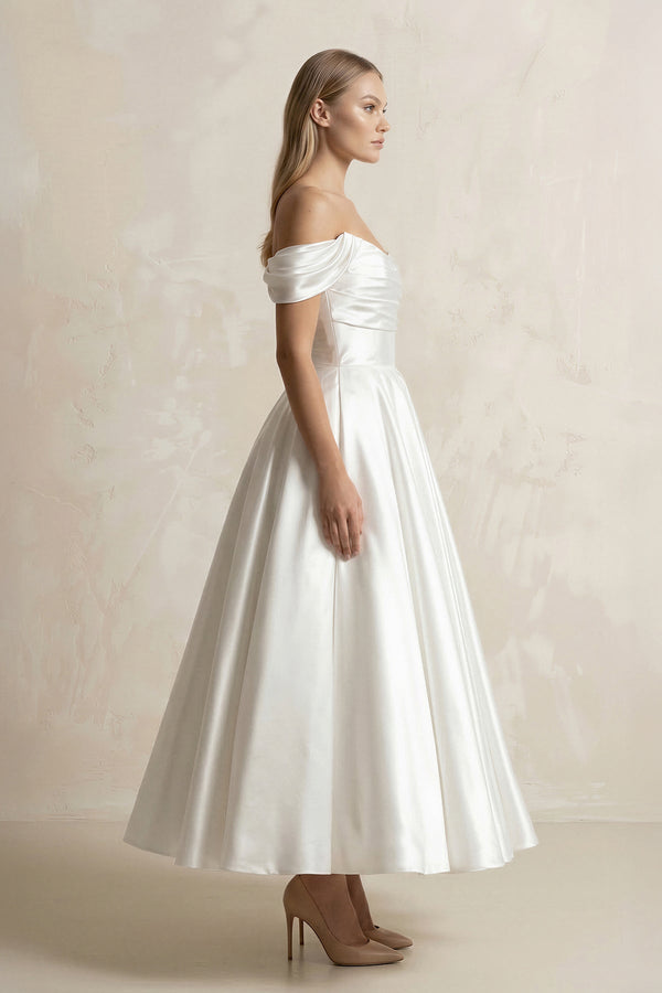 Off - the - Shoulder A - Line Satin Midi Wedding Dress in White - KISS BRIDAL Wedding Dresses