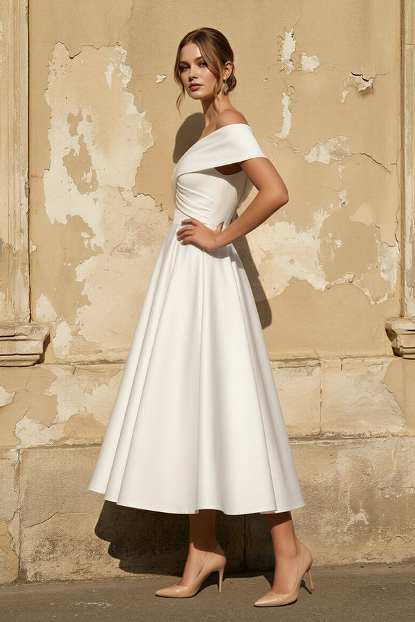 Off The Shoulder A Line Satin Pleated Wedding Dress - KISS BRIDAL Wedding Dresses