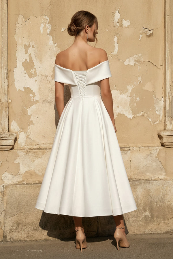 Off The Shoulder A Line Satin Pleated Wedding Dress - KISS BRIDAL Wedding Dresses