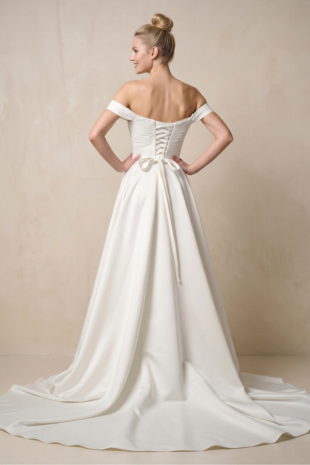 Off-the-Shoulder A-Line Satin Ruched Wedding Dress in White
