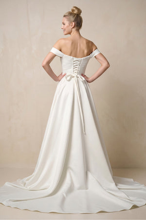 Off - the - Shoulder A - Line Satin Ruched Wedding Dress in White - KISS BRIDAL Wedding Dresses