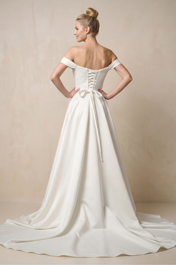 Off - the - Shoulder A - Line Satin Ruched Wedding Dress in White - KISS BRIDAL Wedding Dresses