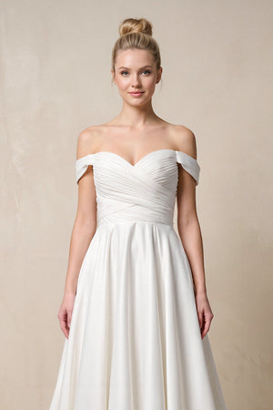 Off - the - Shoulder A - Line Satin Ruched Wedding Dress in White - KISS BRIDAL Wedding Dresses