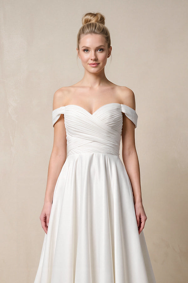 Off - the - Shoulder A - Line Satin Ruched Wedding Dress in White - KISS BRIDAL Wedding Dresses