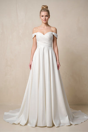 Off - the - Shoulder A - Line Satin Ruched Wedding Dress in White - KISS BRIDAL Wedding Dresses