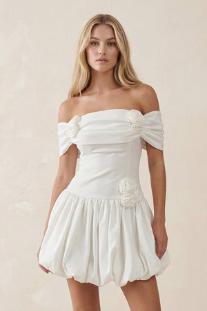 Off - the - Shoulder A - Line Satin Ruffled Mini Wedding Dress in White - KISS BRIDAL Wedding Dresses