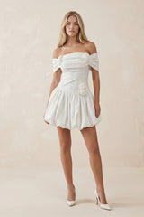 Off - the - Shoulder A - Line Satin Ruffled Mini Wedding Dress in White - KISS BRIDAL Wedding Dresses
