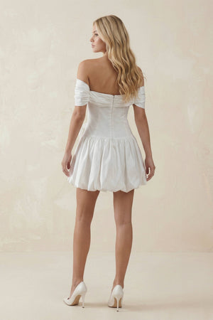 Off - the - Shoulder A - Line Satin Ruffled Mini Wedding Dress in White - KISS BRIDAL Wedding Dresses