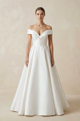 Off - the - shoulder A - Line Satin Wedding Dress - KISS BRIDAL Wedding Dresses