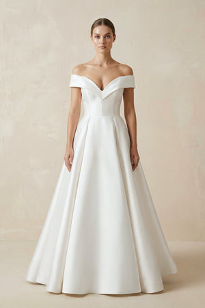 Off - the - shoulder A - Line Satin Wedding Dress - KISS BRIDAL Wedding Dresses