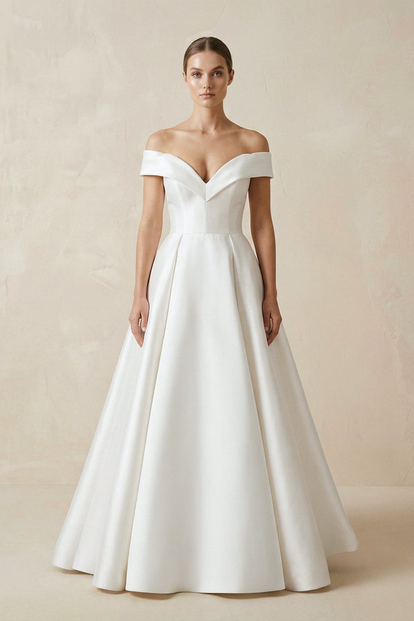Off - the - shoulder A - Line Satin Wedding Dress - KISS BRIDAL Wedding Dresses