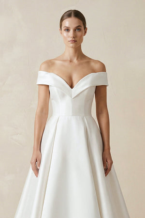 Off - the - shoulder A - Line Satin Wedding Dress - KISS BRIDAL Wedding Dresses