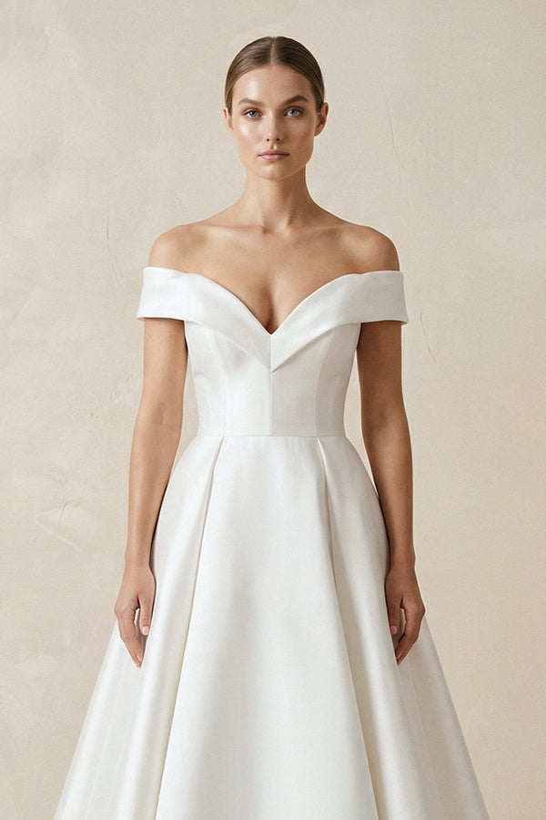 Off - the - shoulder A - Line Satin Wedding Dress - KISS BRIDAL Wedding Dresses