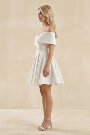 Off - the - Shoulder A - Line Satin Wedding Dress in Ivory - KISS BRIDAL Wedding Dresses