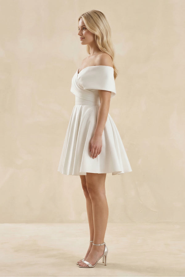 Off - the - Shoulder A - Line Satin Wedding Dress in Ivory - KISS BRIDAL Wedding Dresses