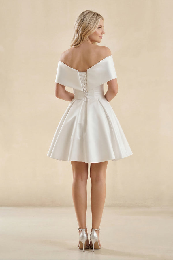 Off - the - Shoulder A - Line Satin Wedding Dress in Ivory - KISS BRIDAL Wedding Dresses