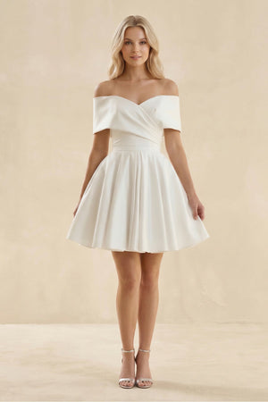 Off - the - Shoulder A - Line Satin Wedding Dress in Ivory - KISS BRIDAL Wedding Dresses