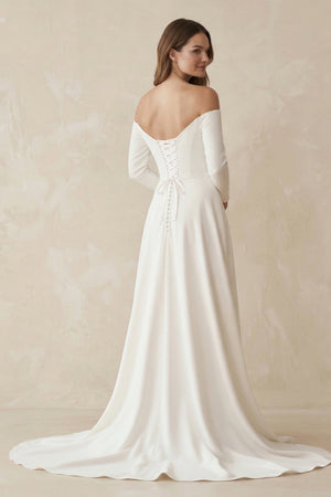 Off - the - Shoulder A - Line Satin Wedding Dress in White - KISS BRIDAL Wedding Dresses